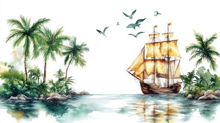 A tropical island with a ship in watercolors