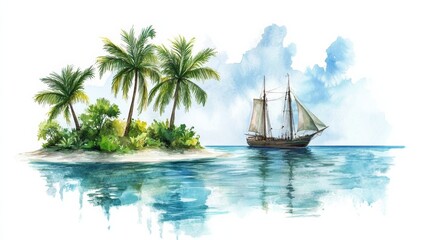 A tropical island with a ship in watercolors