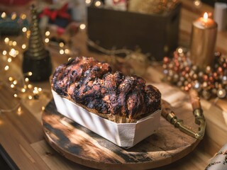 A golden-brown cozonac with swirls of filling rests on a rustic board, surrounded by festive...