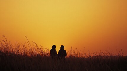 Fototapeta premium A couple silhouetted against a glowing amber sky, standing amidst tall grasses, evokes romance and timeless connection at sunset.