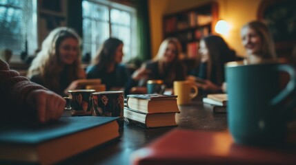 A group of people gather around a table with books and mugs for a book club discussion