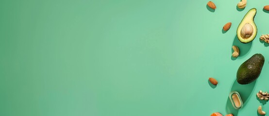 Fototapeta premium Keto diet concept - salmon, avocado, eggs, nuts and seeds, bright green background, top view