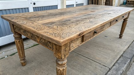 Distressed wooden table with intricate grain patterns, showcasing natural textures and earthy tones, wooden design, rustic