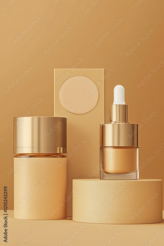 Poster three bottles of cosmetics are displayed on a tan background. the bottles are arranged in a triangul