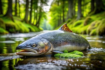 Dripping slime from a salmon's body onto the forest floor, nature, wildlife, leaves