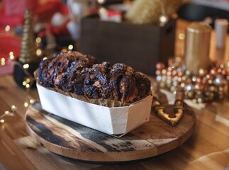 A beautifully baked cozonac, rich with flavors and textures, sits elegantly on a wooden platter....