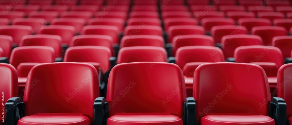 Poster empty rows of vibrant red chairs in a large auditorium with a focus on seating arrangement and desig