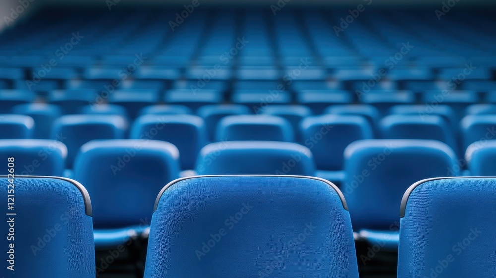 Poster blue seating arrangement in a modern auditorium with rows of empty chairs ready for an event or pres
