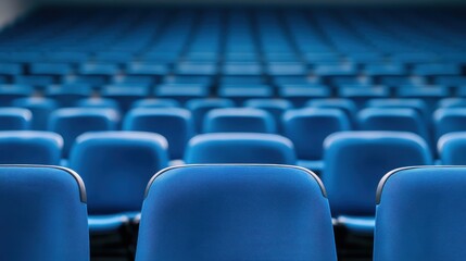 Naklejka premium Blue Seating Arrangement in a Modern Auditorium with Rows of Empty Chairs Ready for an Event or Presentation