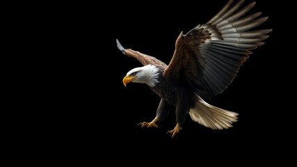 Fototapeta premium Eagle fiercely spreads its wings against a black background, symbolizing strength and perseverance, eagle, fierce