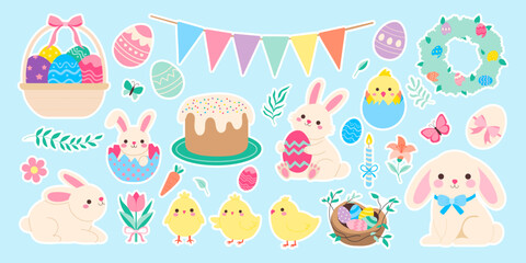 A collection of Easter-themed stickers featuring rabbits, chicks, and eggs. The stickers are colorful and playful, with a cheerful and festive mood