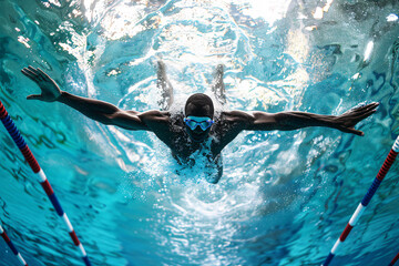 Aerial perspective of a swimmer executing the butterfly stroke in a covered pool
