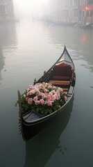 Obraz premium Misty Venice Gondola with Pink Flowers - A Romantic Escape