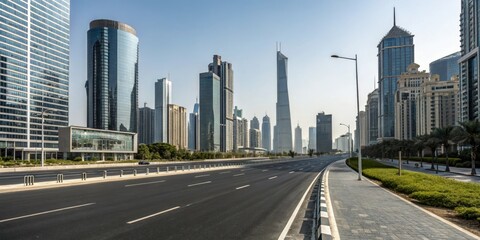 Obraz premium Empty asphalt road passing through the heart of a modern city amidst towering skyscrapers and office buildings, skyscraper, urban sprawl, high-rise buildings, concrete highway