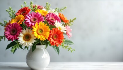 Colorful flower bouquet in vase. Spring summer flowers. Vibrant colors. Floral arrangement. Decorative, beautiful. Perfect gift for occasion. Nature inspired. Decorative item for home. Bright colors