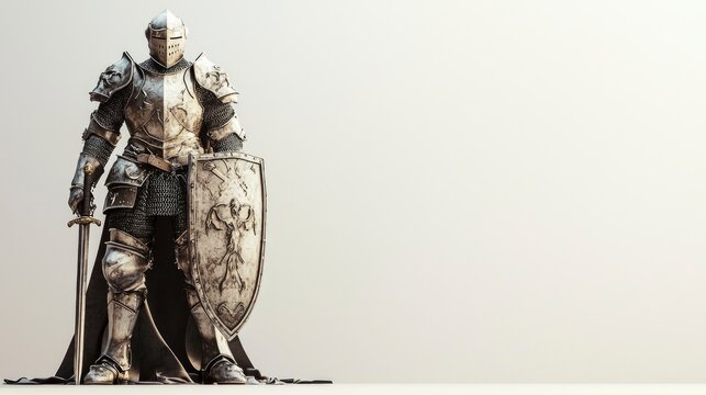 A knight clad in shining armor stands tall with a sword in one hand and a shield in the other, showcasing bravery in a fantasy setting with ample space for text