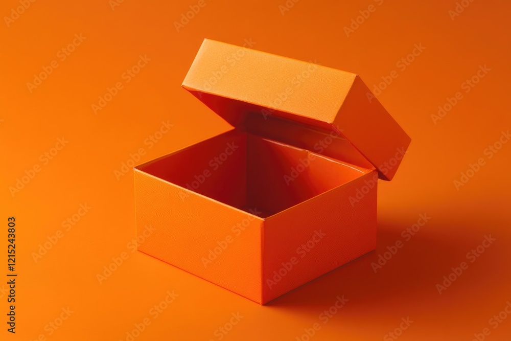 Poster a box is open and sitting on a bright orange background. the box is empty and the orange background 