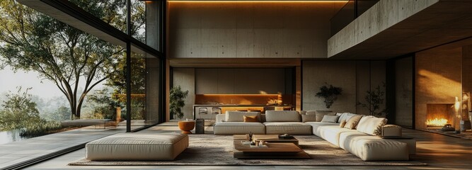 Luxurious modern living room featuring floor-to-ceiling windows and minimalist decor