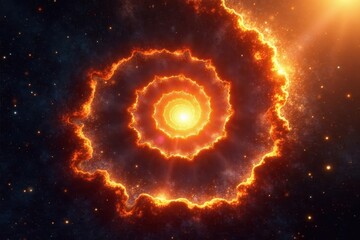 Spiral galaxy with warm amber hues and abstract fractal patterns, cosmic, fractals, swirling