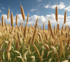 Fototapeta premium Field of golden wheat swaying in the breeze under a blue sky, wheat field, watercolor artwork, scenic