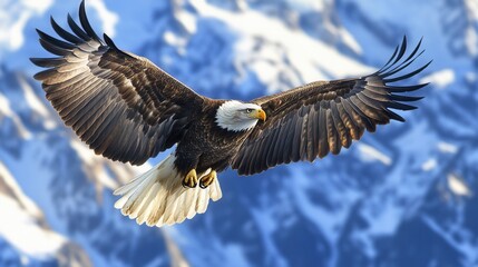 Fototapeta premium Majestic Bald Eagle Soaring Above Snowy Mountain Landscape