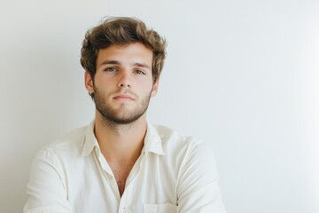 Obraz premium Confident Young Man with Stylish Hair Posing Against a Neutral Background