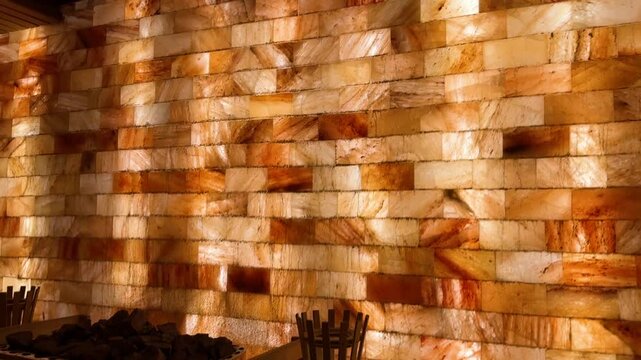 Salt room with wooden bench in spa. Salt brick wall in sauna.	