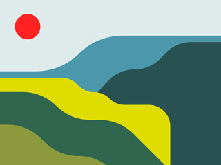 Abstract and colorful background. Vibrant and minimalist landscape with Boho and Mid-Century Modern aesthetics. Summer banner for your designs and layouts.