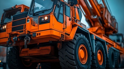 Close-up of an orange construction vehicle showcasing its detailed front and large tires against a blurred background