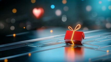 Digital Gift Box on Circuit Board - A red gift box with glowing ribbon sits on a futuristic circuit board, bokeh lights in background.