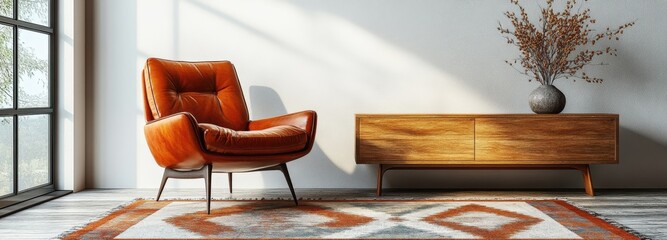 Mid-century modern living room with vintage leather armchair and teak console