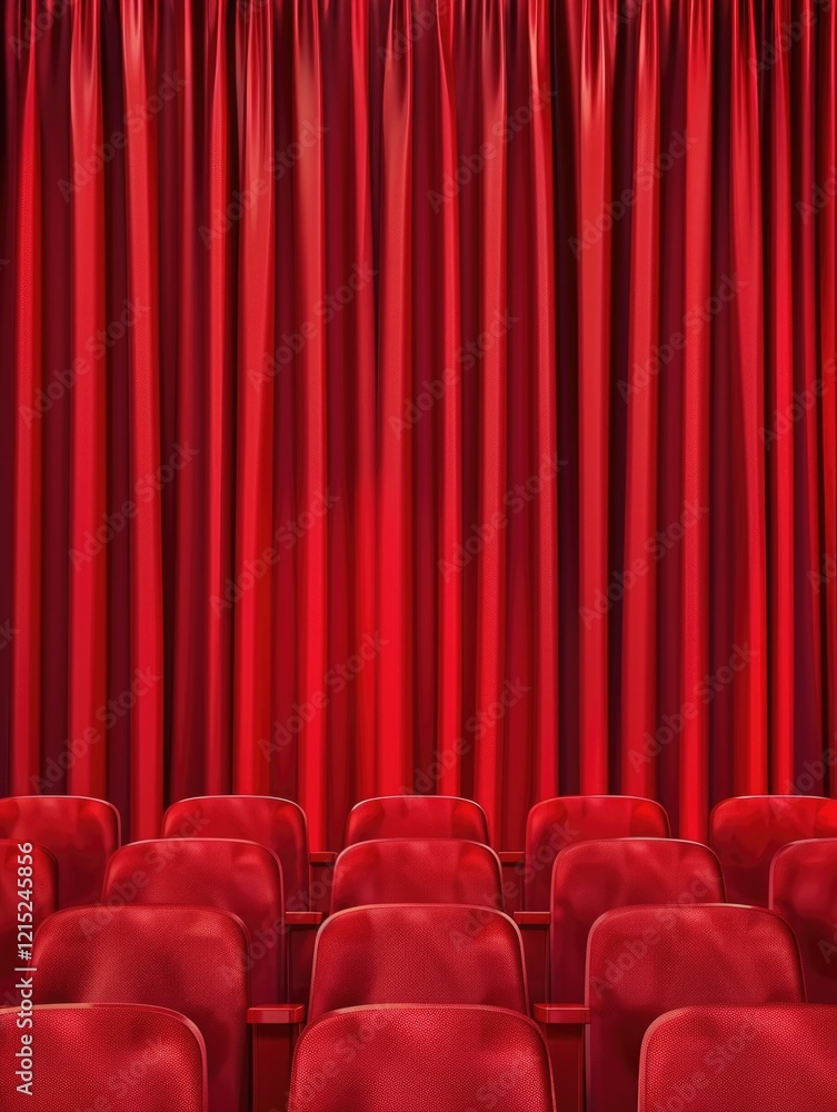 Poster an empty theater with red velvet curtains at the back of the stage and rows of seating in front.