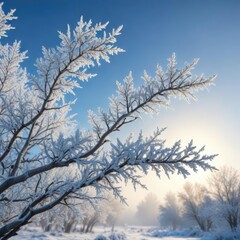 Obraz premium Frost-covered branches against a clear blue sky, landscape, branches
