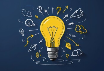 Yellow light bulb surrounded by sketches on dark blue background.