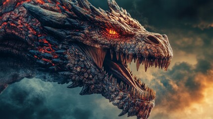 Obraz premium A dragon with red eyes and a mouth open wide