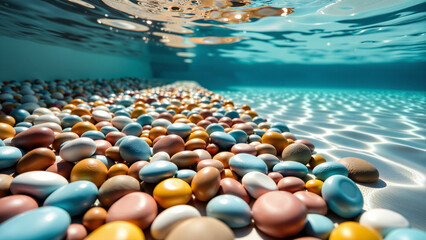 Obraz premium Colorful pool balls submerged in water, creating a playful and vibrant summer scene. Concept of summer pool fun, leisure activities, and vacation entertainment for resort, family entertainment, and va