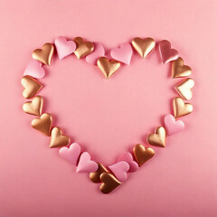 Delicate heart-shaped confetti pieces arranged into a heart shape symbol against a soft pink background