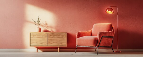 A minimalist yet bold living room featuring a coral armchair