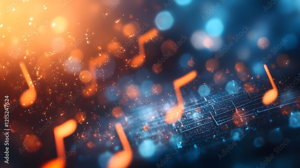 Poster abstract music notes background with glowing particles