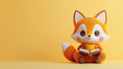 Obraz premium A cheerful fox character in orange and white is seated with a book in its paws, enjoying a cup. The vibrant yellow background adds warmth and playfulness