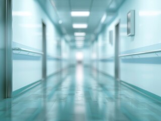 A long hallway with a blue wall and a white door. The hallway is empty and the door is open