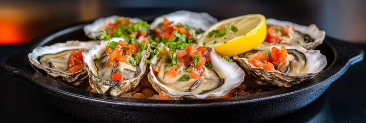 Fresh Oysters on the Half Shell with Lemon - Indulge in succulent fresh oysters, delicately seasoned, served on the half shell with a vibrant lemon wedge. A culinary delight symbolizing freshness, lux
