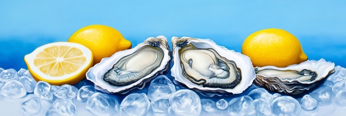 Fresh Oysters with Lemon on Ice - Luxury seafood, fresh oysters on the half shell, served with lemon wedges,  icy cold, delicious meal, ocean freshness.