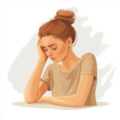 Young female having a dizzy symptom and raising her hand to touch her head. Concept of illness, vertigo, headache, dizziness, sickness. Flat vector illustration character about health.