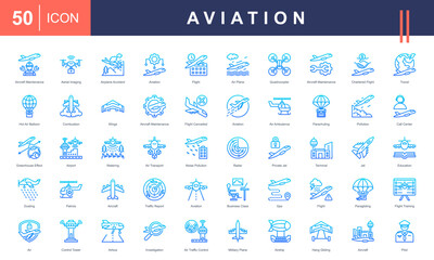 Aviation icon set. Containing aircraft maintenance, aerial Imaging, airplane accident, flight and education.