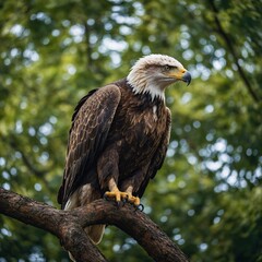 A side view of a majestic eagle perched on a tree, with the green forest background blurred.