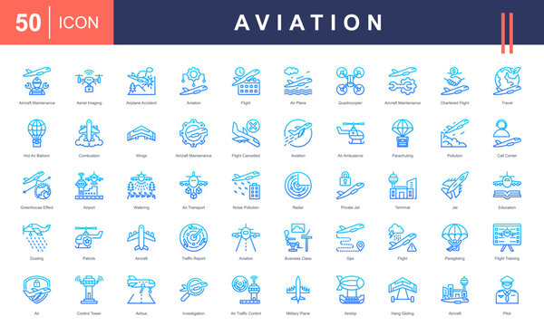 Aviation icon set. Containing aircraft maintenance, aerial Imaging, airplane accident, flight and education.