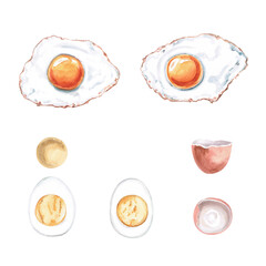 Set of fried eggs, boiled eggs, yolk, eggshell. Isolated watercolor illustration on the theme of breakfast for the design of a cookbook, gastronomic magazine, restaurant menu.