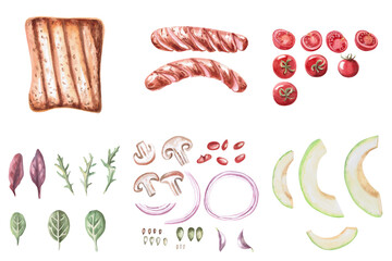 Set of products for breakfast. Isolated watercolor illustration on the theme of food for the design of a cookbook, restaurant menu, gastronomic magazines and festivals.