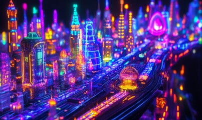 Fototapeta premium Futuristic city with glowing structures and pathways.